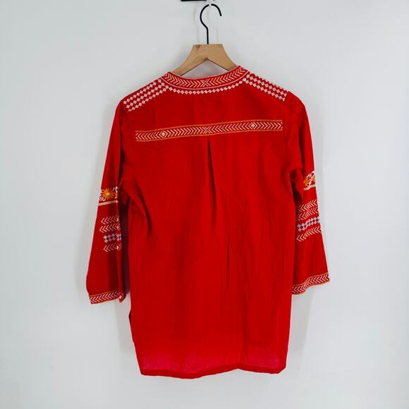 J. Peterman Embroidered Cotton Tunic Top Red-Orange Boho Peasant Style Small - Picture 2 of 8